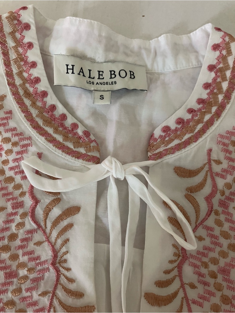 Hale Bob White Embroidered Tie-Neck Tunic in Pink & Tan. Boho.